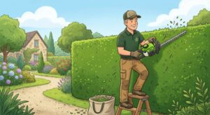 Illustration d'un Jardinier à Ouistreham qui taille une haie