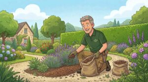 Un jardinier à Ouistreham effectue du paillage pour protéger ces végétaux