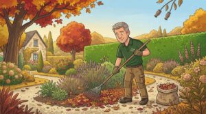 Un jardinier paysagiste à Ouistreham ramasse des feuilles mortes au sol