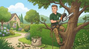 Illustration d'un jardinier paysagiste qui élague un arbuste ou un arbuste à Ouistreham