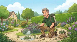 Un jardinier à Ouistreham traitant les mauvaises herbes